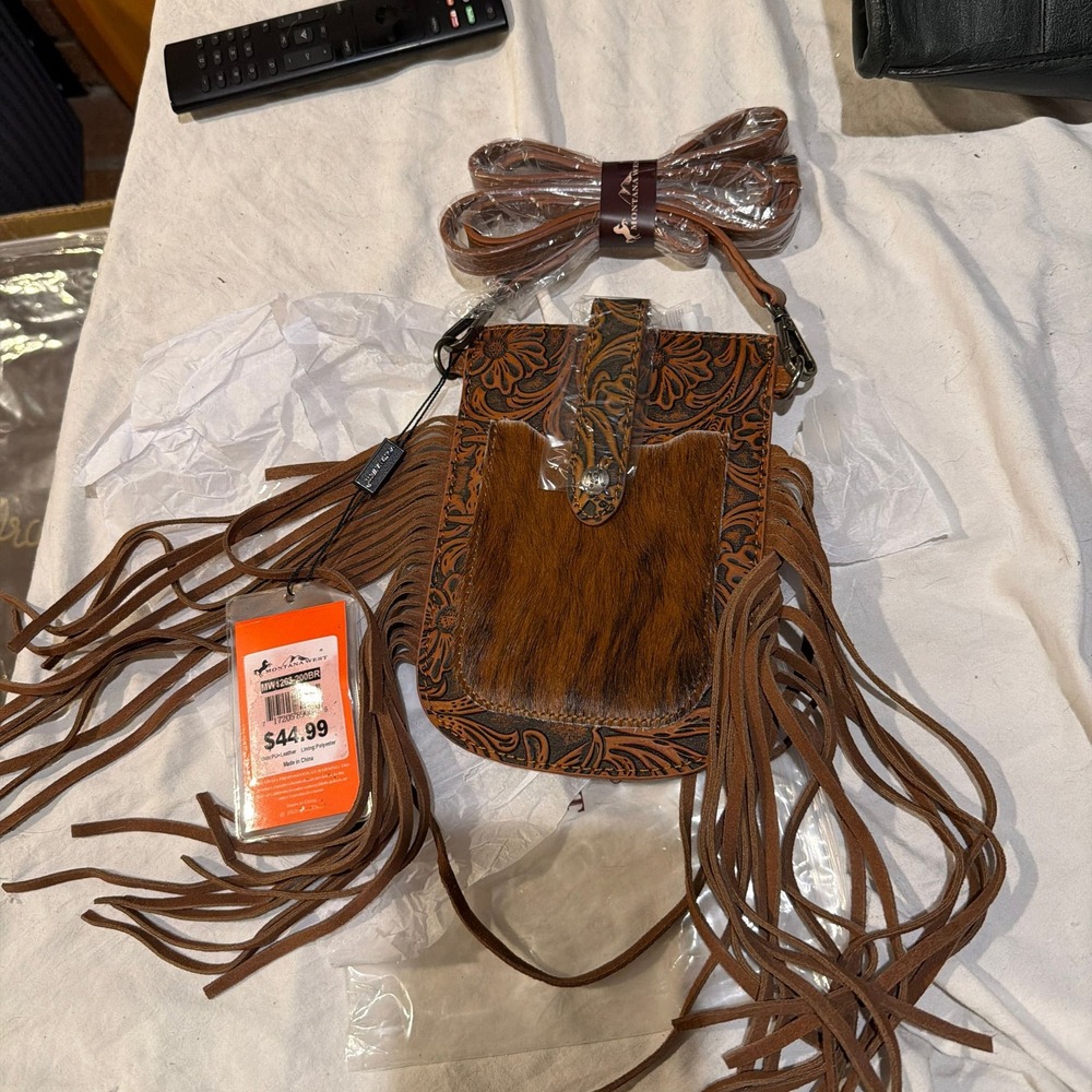 Montana West Hair-On Cowhide Floral Tooled Fringe Cell Phone Crossbody Bag Brow